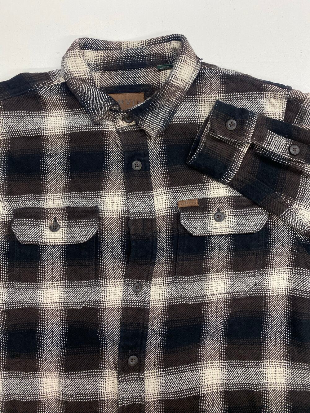 Men Orvis midweight cotton double pocket plaid button up flannel shirt jacket M